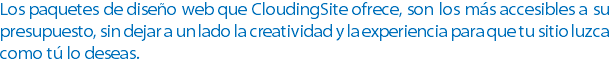 Los paquetes de diseño web que CloudingSite ofrece, son los más accesibles a su presupuesto, sin dejar a un lado la creatividad y la experiencia para que tu sitio luzca como tú lo deseas.
